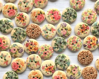 Botones de madera florales, estilo vintage, 18 mm (juego de 9)