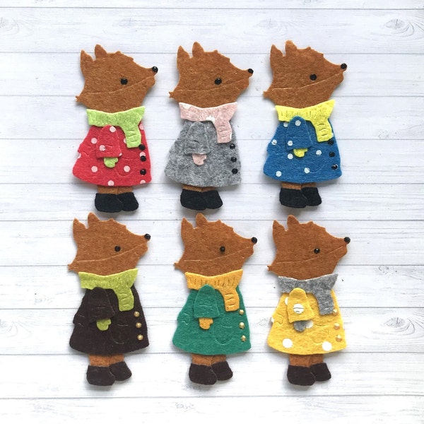 3 x FELT DIE Cut Foxes in coats, scarves and gloves, fox die cuts, felt fox, fox decoration, fox applique, fox decoration, fox card toppers.