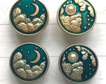 20mm METAL SHANK ENAMELLED Buttons, Stylish gold or silver/teal moon & stars metal shank buttons. faux pearl moon and silver moon and stars.