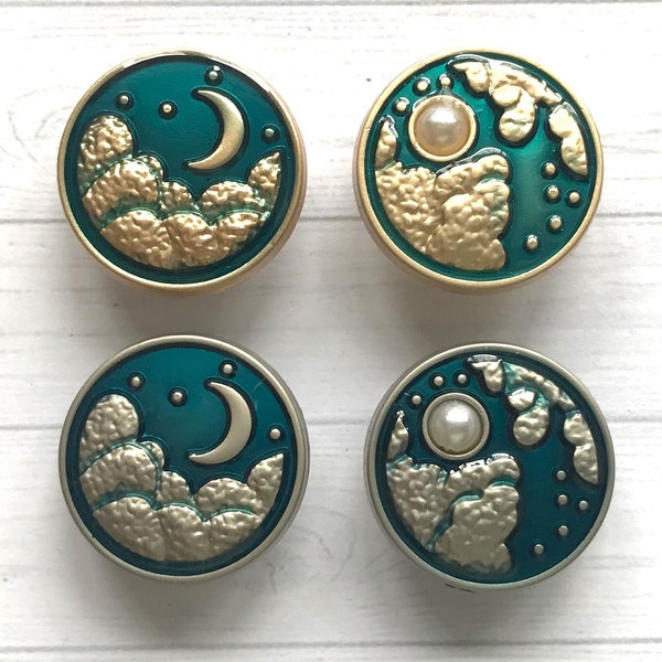 20mm METAL SHANK ENAMELLED Buttons, Stylish gold or silver/teal moon & stars metal shank buttons. faux pearl moon and silver moon and stars.