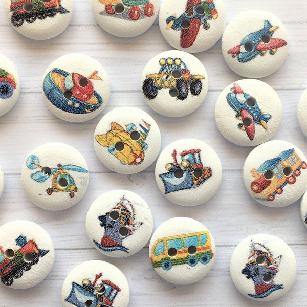 15mmTRANSPORT THEMED BUTTONS x 10, Round wooden transport buttons, mixed pattern buttons, vehicle buttons, Craft buttons, sewing accessories