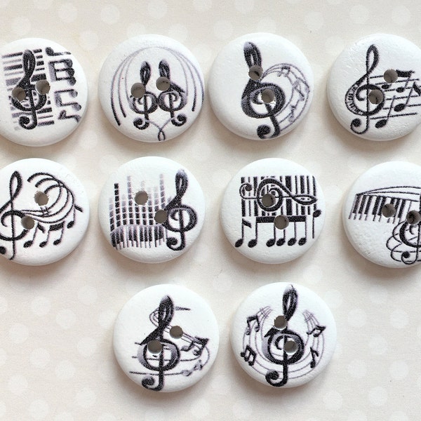 15/18mm MUSICAL NOTES WOODEN Buttons, Music themed printed wooden buttons, music theme round buttons, Wooden buttons musical themed.