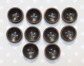 15 mm ANTIQUE STYLE ROUND wooden buttons  x 10. Four hole wooden buttons, dark brown rubbed edge wooden buttons, round wooden buttons.