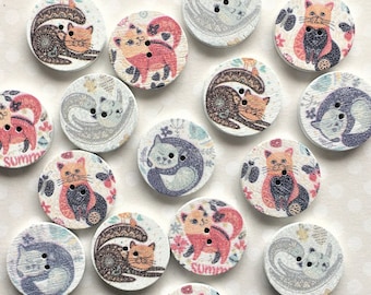 Cat Print Wooden Buttons, 20mm Embellishments (Set of 10)