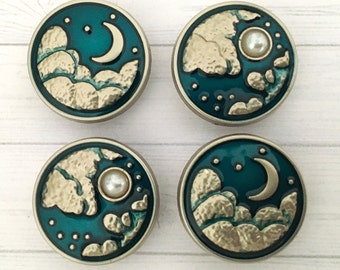20mm METAL SHANK ENAMELLED Buttons, Stylish silver/teal moon & stars metal shank buttons. faux pearl moon and silver moon and stars.