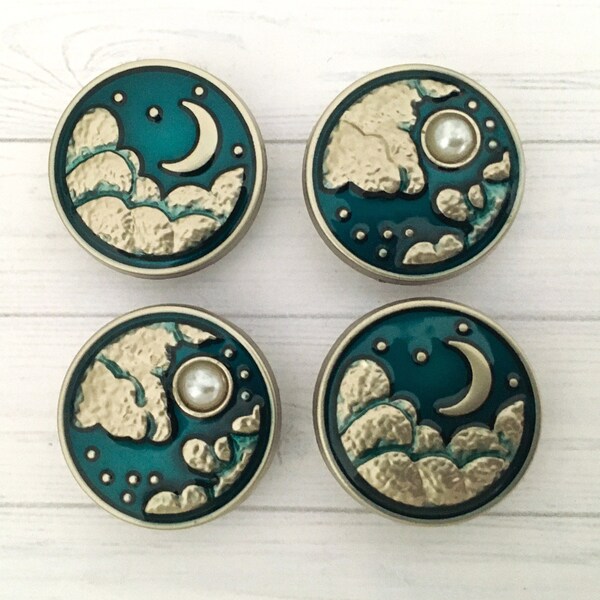 20mm METAL SHANK ENAMELLED Buttons, Stylish silver/teal moon & stars metal shank buttons. faux pearl moon and silver moon and stars.