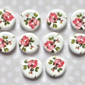 15 mm ROSE BUTTONS x10, Round Pink rose buttons, Pretty wooden rose buttons, Flower buttons, Craft novelty buttons, sewing accessories,.