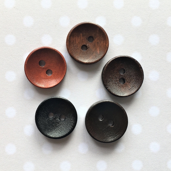 15 mm ROUND WOODEN Buttons  x 10. Five colour shades, 2 hole wooden buttons, chestnut/choc brown/dark brown/bitter choc/black wooden buttons