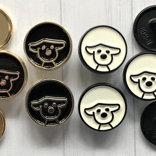 12.5mm CUTE PUPPY DOG metal buttons, black/gold backed or white/black backed shank buttons, metal dog buttons, shirt/blouse buttons.