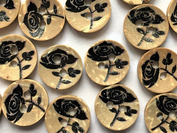 Coconut shell rose print buttons 12mm (pack of 9)