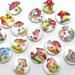 May include: A selection of white, wooden buttons adorned with vibrant mushroom illustrations. The buttons showcase red, brown, and yellow mushrooms with diverse patterns. Each button is designed with two holes for sewing.