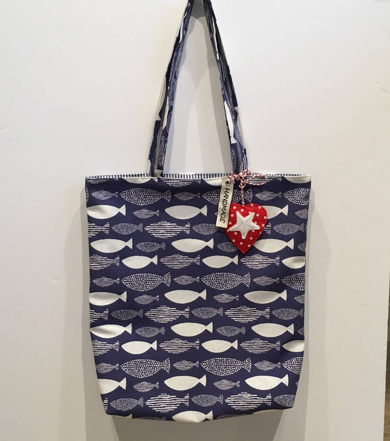 Cotton tote bag Handmade TOTE BAG Shopping Bag Geese design Fish design Coastal theme.