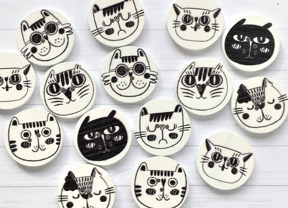 Black and White Cat Head Buttons Black and White Cat Head Buttons