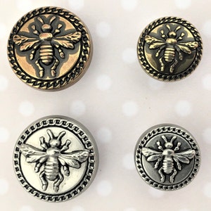 15mm/20mm METAL BEE BUTTONS, Antique silver/gold metal shank buttons, Bee metal shank buttons. Coat / jacket buttons.