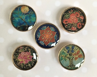 18mm METAL ENAMELLED SHANK Buttons, Pretty metal shank buttons. Tree, flower, peacock feather design buttons. Coat / jacket buttons.