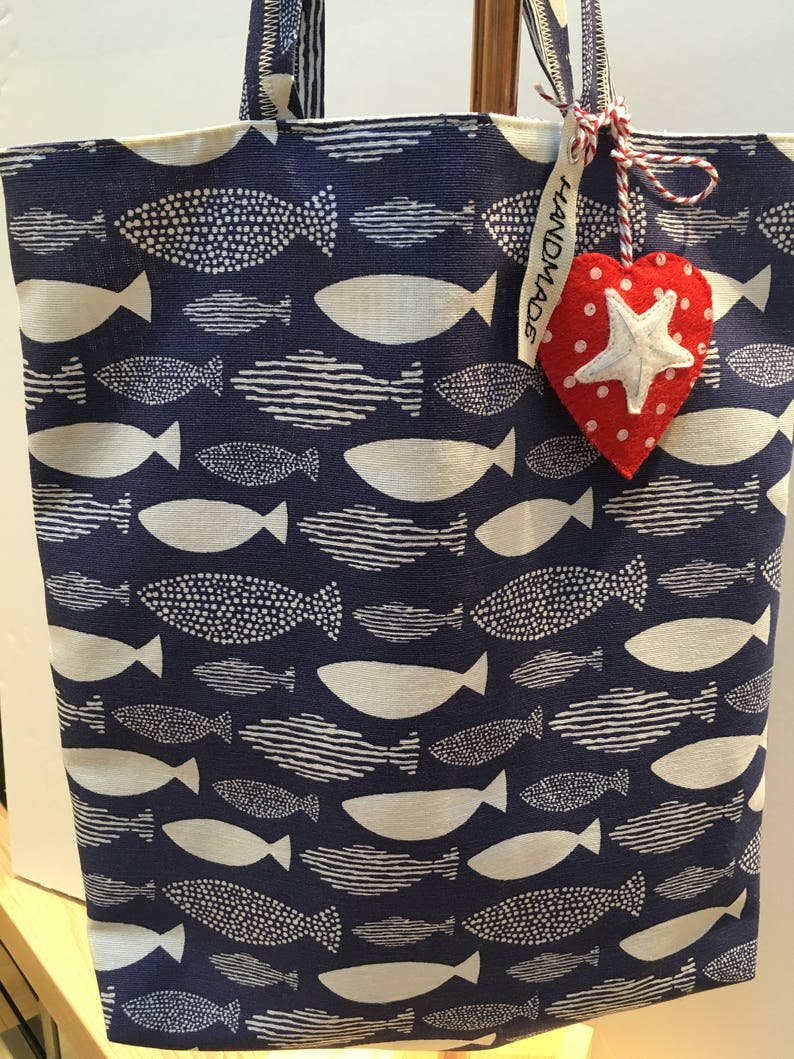 Cotton tote bag Handmade TOTE BAG Shopping Bag Geese design Fish design Coastal theme.