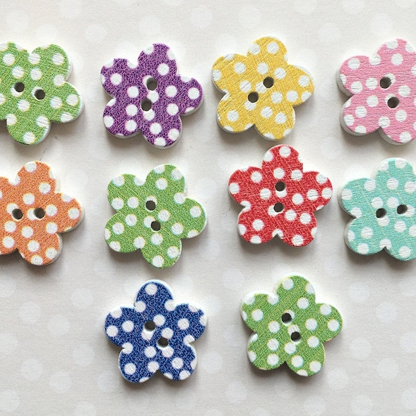 17 mm WOODEN SPOTTY FLOWER Buttons x10, Cute flower shaped wooden buttons, flower buttons Button decorations, Flower style buttons