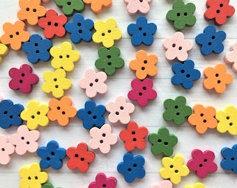 Mixed colour wooden flower buttons 10mm (pack of 10)