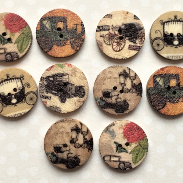 20 mm VINTAGE CAR STYLE Wooden Buttons  x 10, Retro vintage car design buttons style, Shabby chic buttons, Vintage style buttons.