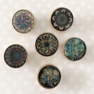 18mm METAL ENAMELLED SHANK Buttons, Pretty metal shank buttons. flower, mosaic, feather, peacock feather pattern buttons. Coat/jacket button