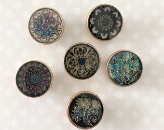 18mm METAL ENAMELLED SHANK Buttons, Pretty metal shank buttons. flower, mosaic, feather, peacock feather pattern buttons. Coat/jacket button