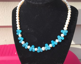 Necklace - Freshwater Pearl and Blue Crystal Quartz