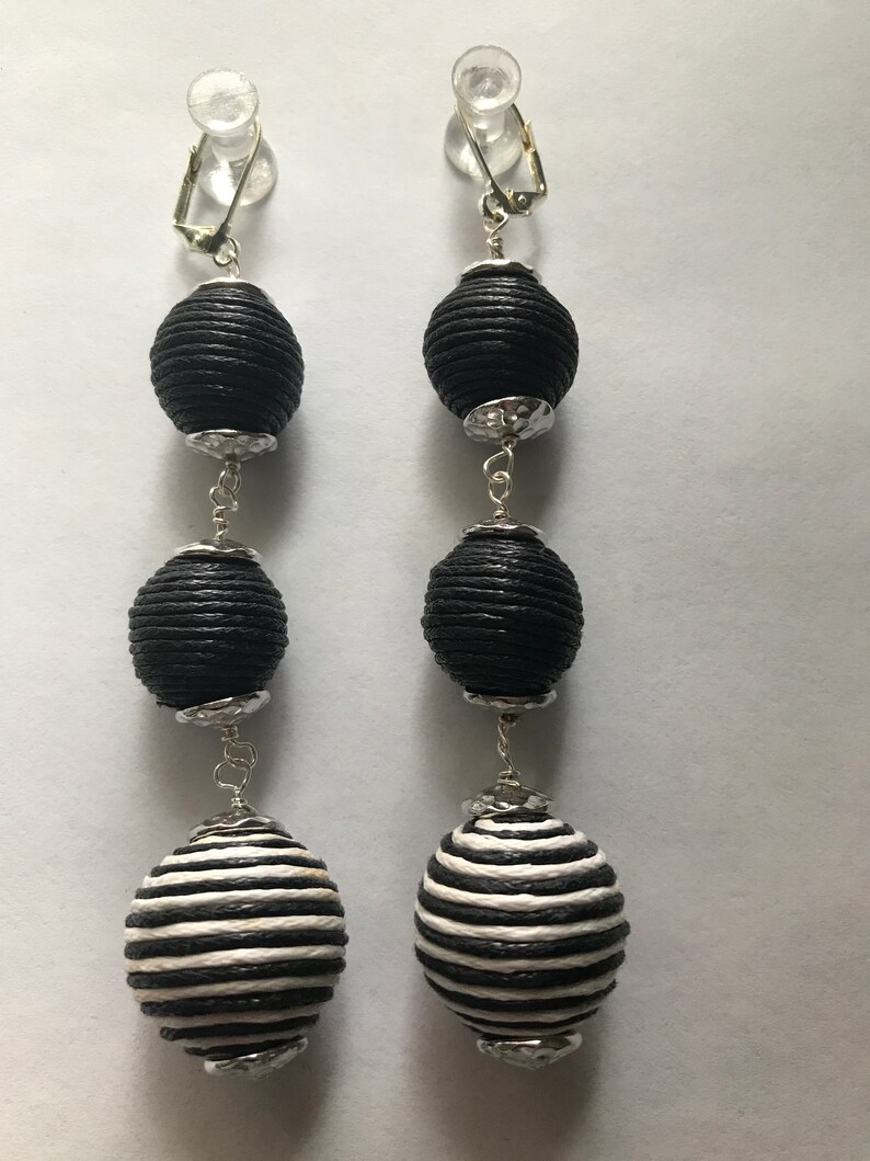 Thread Wrapped Earrings Black Striped and Silver Etsy