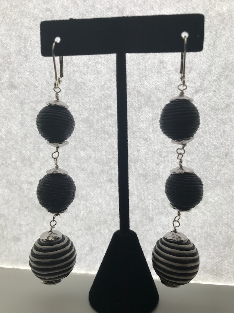 Thread Wrapped Earrings Black Striped and Silver Etsy