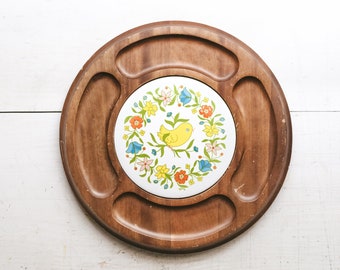 Vintage Wood Cheese Tray, Yellow Bird Floral Ceramic, Retro Serving Board