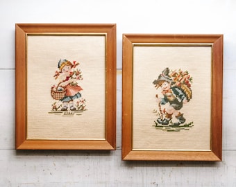 Vintage Hummel Framed Needlepoint, Set of Two, Little Girl and Boy