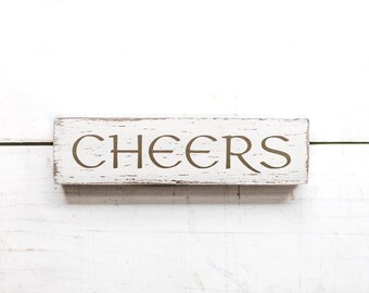 Cheers Wood Block Mini Sign | Bar Decor | Tiered Tray, Desk or Shelf | 5.5 inches x 1.5 inches