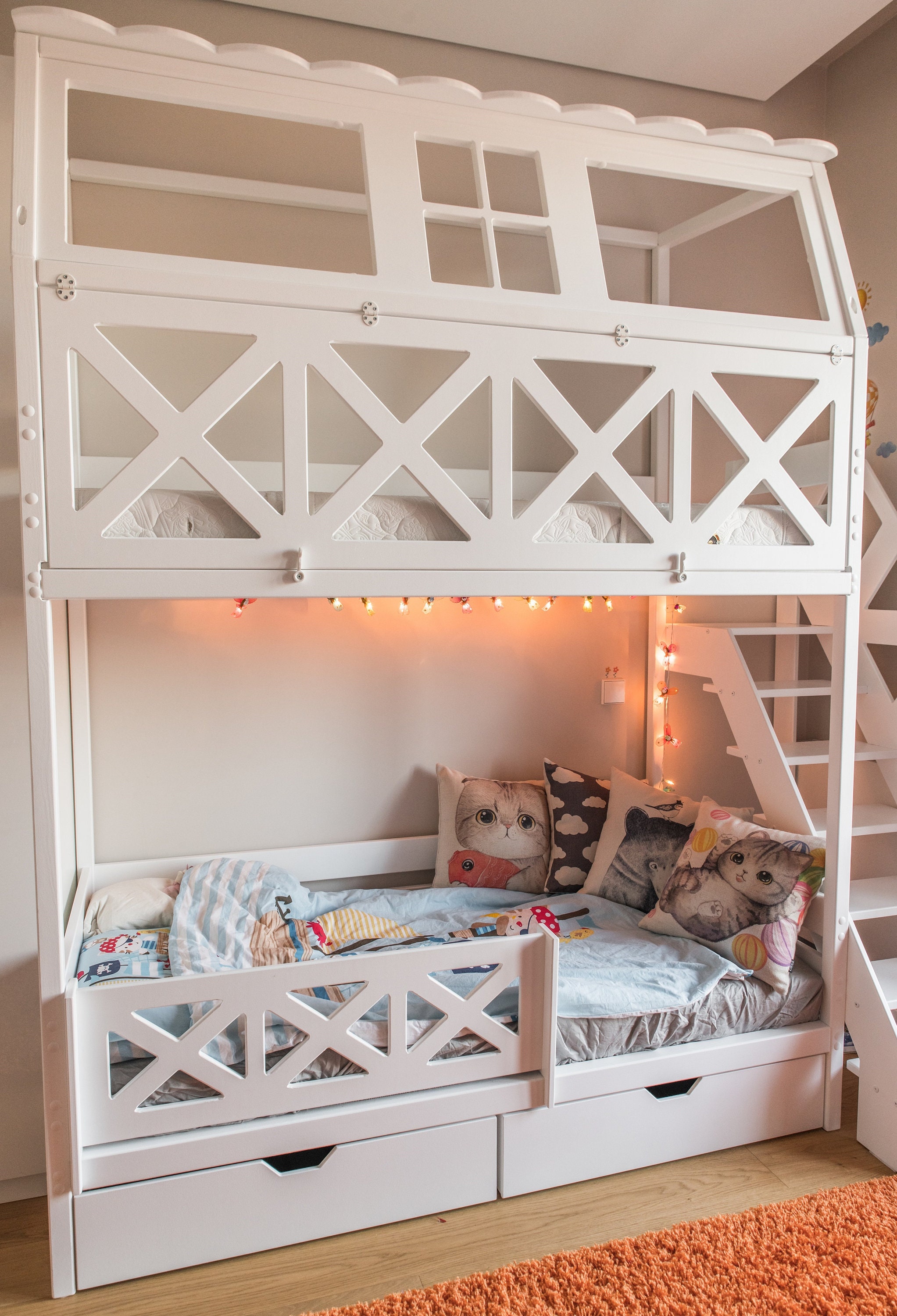 Kids Twin Size Bunk Bed White Slide Loft Child Bedroom Furniture Playhouse Area 