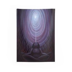 May include: A painting of a person meditating with their eyes closed, surrounded by dark trees and a bright light above them.