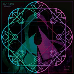 May include: A black and white geometric design with a teal and purple gradient. The design is made up of overlapping circles and lines. The text "FAN GRID" and "DOODLEGRIPS™" is in the top left corner. The text "12 PETAL" and "8 PETAL" is in the bottom right corner.