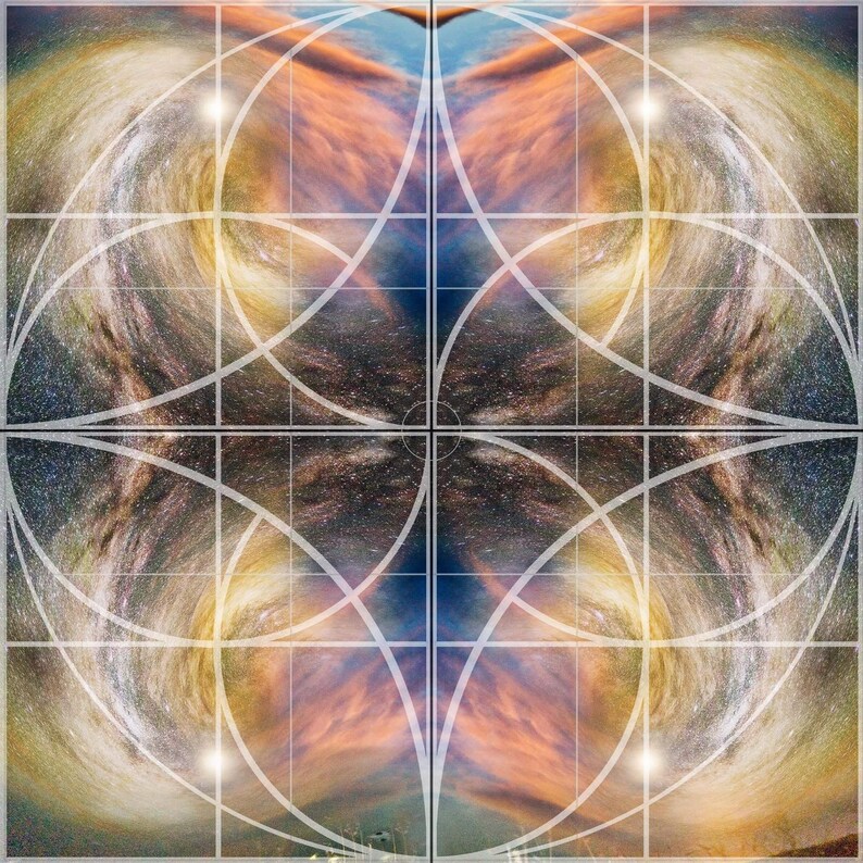 May include: A digital art piece featuring a swirling galaxy with a white grid and geometric shapes superimposed over it. The galaxy is a mix of blue, orange, and white colors.