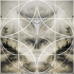 May include: Abstract geometric design with a white grid and overlapping circles on a background of gray and white clouds.