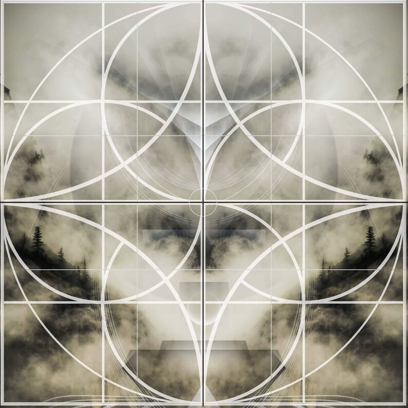 May include: Abstract geometric design with a white grid and overlapping circles on a background of gray and white clouds.