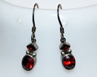 Vintage Sterling Silver Garnet Drop Earrings - Semi Precious Gemstone Earrings - Hook Earrings - Dangle Earrings