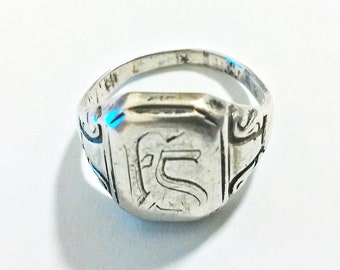 Size 6.5 - Antique FS Monogrammed Silver Ring - 835 Silver - Victorian Era