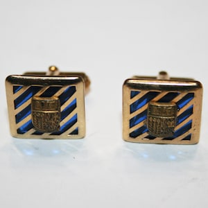 Vintage Gold Tone Coat of Arms Cuff Links with Blue Inserts