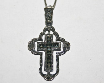 Vintage Sterling Silver Marcasite Cross Pendant Necklace