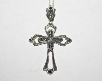 Vintage Sterling Silver Marcasite Cross Pendant Necklace
