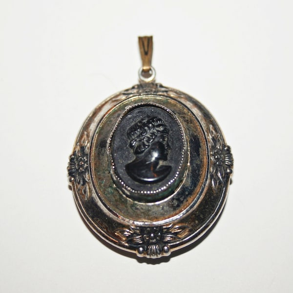 c1940s Art Deco Coro Black Cameo Locket Pendant