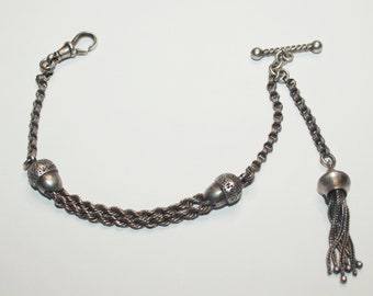 Antique Victorian Ornate Silver Tone Albertina Pocket Watch Chain with Tassel Fob