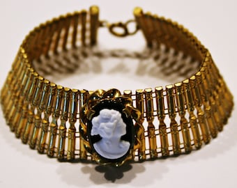 c1930s Art Deco Glass Cameo and Brass Tube Bracelet