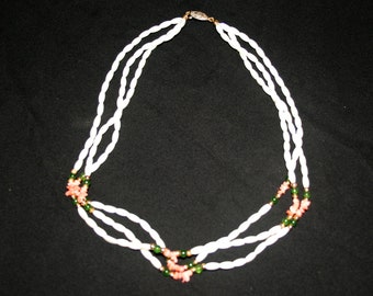 Vintage Mother of Pearl Necklace with Coral and Jade Beads