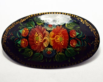 Vintage Russian Lacquer Brooch - Red Flower - Hand Painted