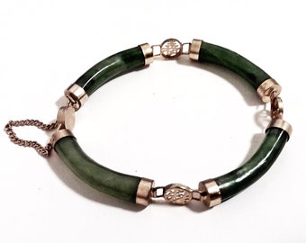 Vintage Art Deco Jade Cuff Bracelet with Gold Filled Safety Chain