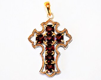 Red Garnet Cross , sterling silver , Etruscan cross , designer jewelry , Mozambique garnet cross , vermeil cross , crucifix , christian