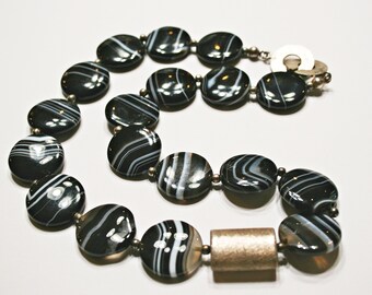 19" Vintage Black Banded Agate Necklace with Sterling Silver Clasp